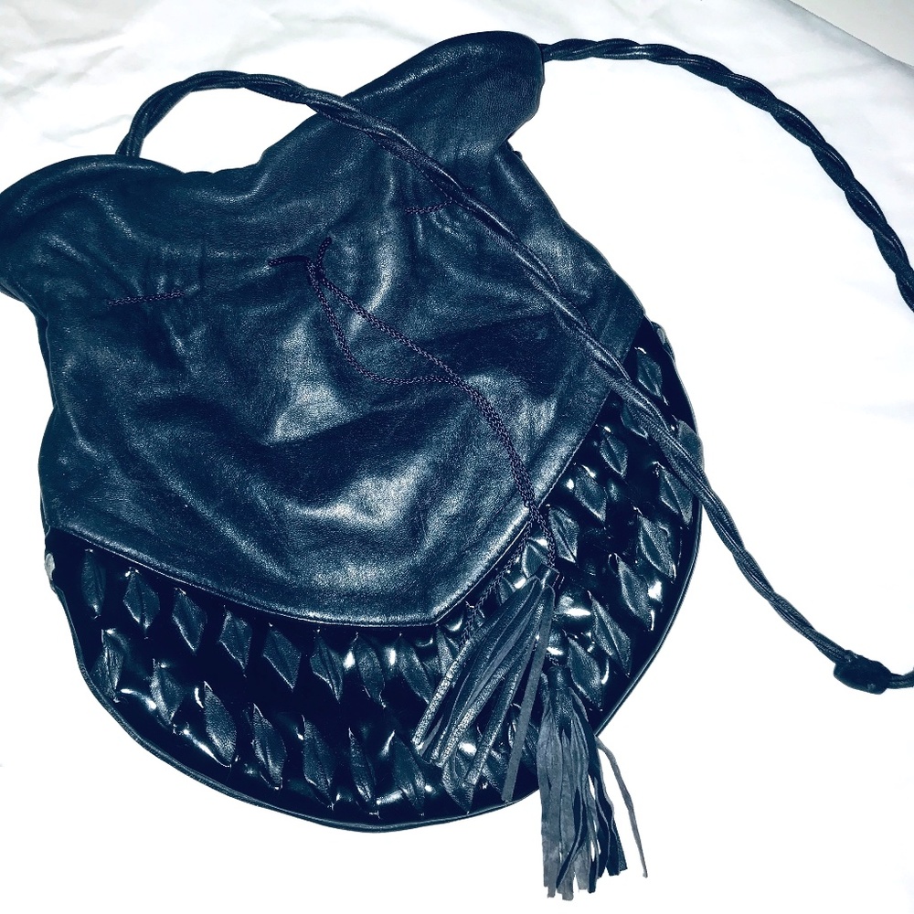 Womens Braccialini Crossbody Navy Blue Black Vintage Leather Handbag Purse Boho